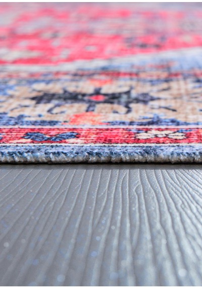 Kırmızı Mavi Oryantal Kilim Vintage Desenli, Kaymaz Taban, Yıkanabilir, Antialerjik Mavi Mavi