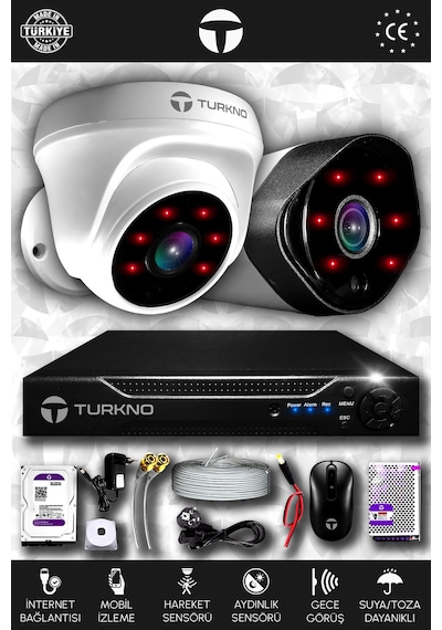 Turkno 2 Kameralı Galia 1 İç Kamera Set 500 GB HDD Full HD Gece Görüşlü Güvenlik Kamerası Sistemi