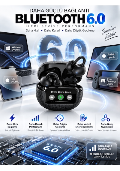 Ipx4 Su Geçirmez Ows Açık Kulak Kablosuz Kulaklık Bluetooth 6.0 Akıllı Led 300 Saat Bekleme Süresi