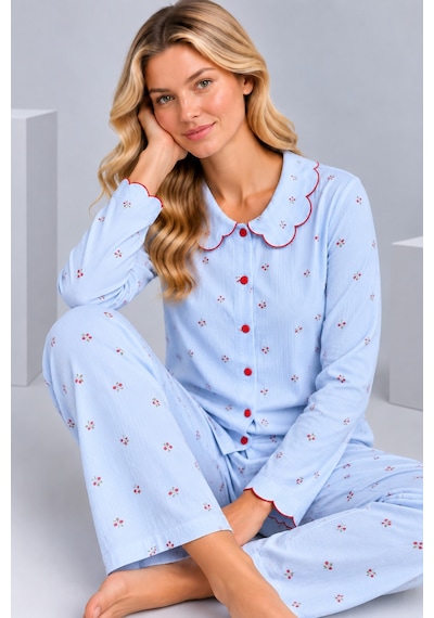 Pijamask Kadın Çiçek Desenli Bebe Yaka Düğmeli Uzun Kollu Müslin Pijama Takımı Mavi