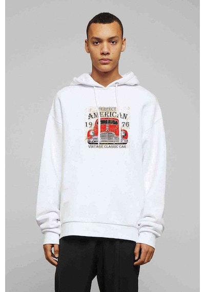 Amerikan Eski Model Klasik Araba Baskılı Beyaz Erkek Örme Sweat