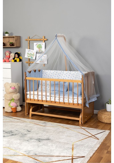 Ahşap Beşik Anne Yanı Beşik Vernikli 60x120 - Mavi Nakış Uyku Seti + Yatak Ahşap