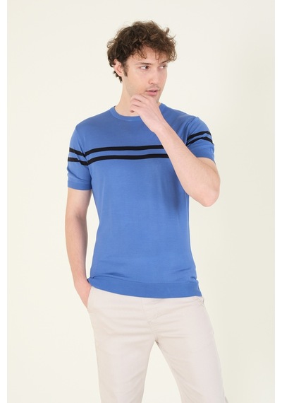 Giyim Dünyası Erkek Sıfır Yaka Çizgili Merserize T-shirt İndigo 001