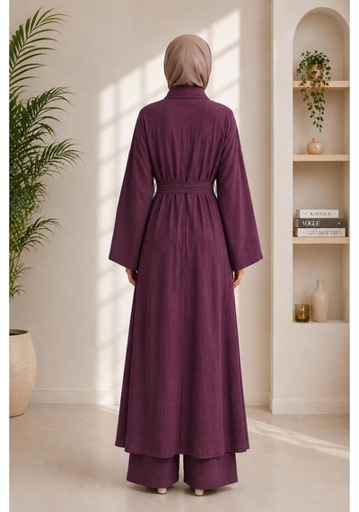 Miss Meliss Kadın Kuşaklı Abaya İkili Takım Mor Mor