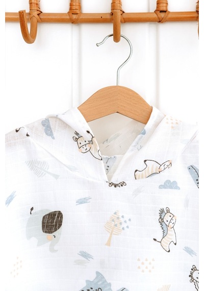 Esti Baby Kapşonlu Müslin Panço %100 Pamuk Bebek / Çocuk Plaj Havlusu / Bornozu Mini Animals