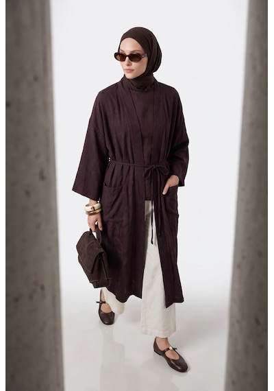 Avenna Doğal Kumaş Kuşaklı Cepli Beli Kuşaklı Kolyeli Kimono Kahverengi 26ya511