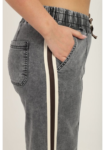 Zanessi Fashıon Büyük Beden Denim Spor Şerit Detaylı Bol Paça Kadın Pantolon Siyah