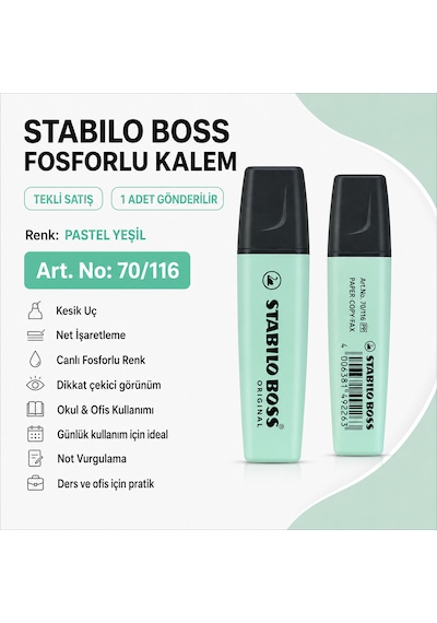 Boss Fosforlu Kalem 1 Adet Metin İşaretleme Kalemi Pastel Yeşil