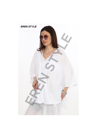 Eren Style Bohem Kuruvaze Tek Düğmeli Keten Bluz-9884 Beyaz