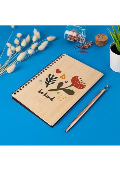 Be Kind Çiçek Desenli Ahşap Kapaklı Defter 12x18 Cm, 48 Yaprak Spiral Bağlı, Uv Baskılı, Çizgisiz Defter 103 Ivory