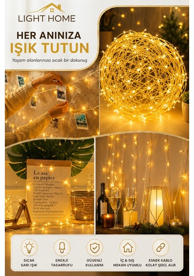Kablolu Led Işık Zinciri Gün Işığı Dekoratif Led Aydınlatma Oda Duvar Yatak Odası Parti Yılbaşı Süsü 3 Metre 20 Led Sarı