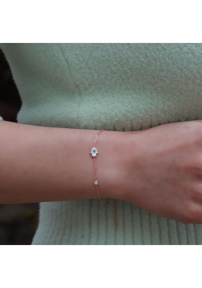 Fatma Ana El Figürlü Zirkon Taşlı Mine İşli Rose Gold Kaplama Gümüş Bileklik Gümüş