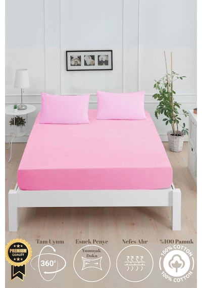Mirava Premium %100 Pamuk Penye Lastikli Tek Kişilik Çarşaf Takımı 1 Yastık Kılıfı Dahil Pembe 100x200cm Pembe