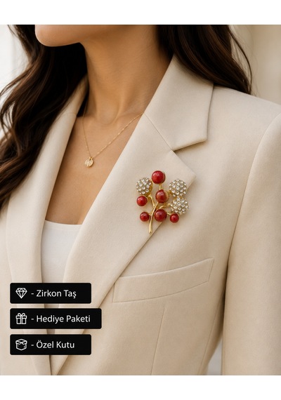 Hediye Kırmızı Taşlı Gold Renk Premium Zirkon Detaylı Kadın Broş Modeli Açık Gri