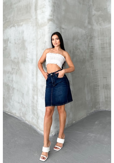 HLT Jeans Koyu Mavi Kadın Regular Fit Yüksek Bel Orta Boy Denim Kot Etek Alice-4006 Koyu Mavi