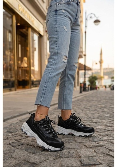 Fort 07387 Rahat Kalın Taban Sneaker Kadın Ayakkabı Siyah - Beyaz