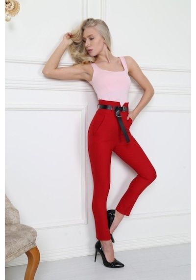 Bluence Beli Kemerli Dar Paça Kırmızı Pantolon Kırmızı