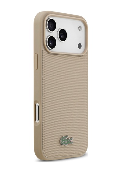Apple Uyumlu iPhone 17 Pro Max Kılıf Lacoste Lisanslı M-safeli Pu Pike Desenli Metal Logo Kartlıklı Kapak Bej Bej