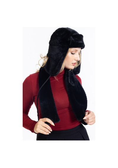 Ladycolor Peluş Kulaklı Pilot Şapka Atkılı Takım Siyah Siyah