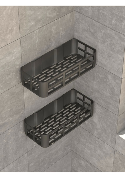 Banyo Duş Rafı 2'li Yapışkanlı Ve Deliksiz Duş Organizer Suya Dayanıklı Siyah Raf Diğer