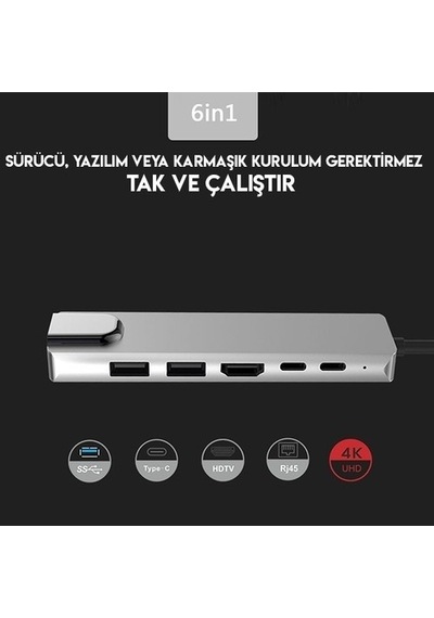 Blue Wings 6 In 1 Type C  To 4K Hdmı 2*Type C 2*Usb 3.0 2*Sd Lan
