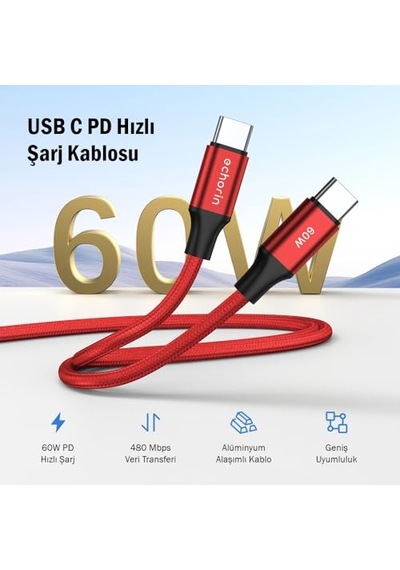 Usb C'den Usb C'ye 60w, 2.4a, 1m, Pd 2.0, Çift Kat Örgülü Hızlı Şarj Ve Data Kablosu Kırmızı, 1 Metre Genel