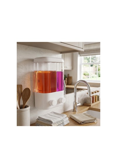 Yapışkanlı Sıvı Sabunluk 1000 Ml 2 Bölmeli Duvar Tipi Banyo Mutfak Dispenser V-2 Beyaz