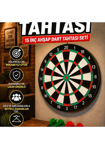 15 İnç Ahşap Dart Tahtası 4 Metal Uçlu Dart Oku Ve Askı Aparatlı Set