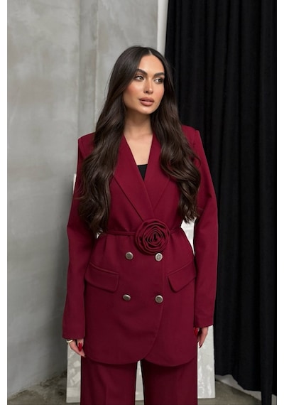 Msm Fashion Kadın İkili Blazer Ceket Pantolon Takım Aksesuar Ve Düğme Detaylı Bol Paça Bordo Msm Fashion Kadın İkili Blazer Ceket Pantolon Takım Aksesuar Ve Düğme Detaylı Bol Paça Bordo