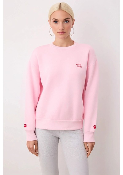 Benerly Kadın Bisiklet Yaka Düşük Kol Nakışlı Örme Sweatshirt Fonksiyonel Açık Pembe