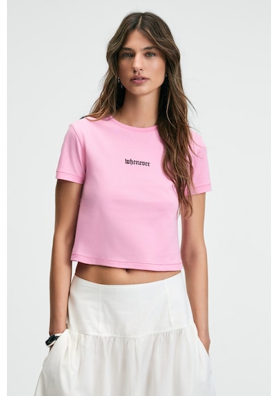 Ethıquet ZERAYA Kadın Bisiklet Yaka Kısa Kollu Önde Nakış Detaylı Crop Pembe T-Shirt