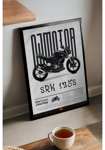 Qj Motor Srk 125s Siyah Ahşap Çerçeveli Poster, Dekoratif Motosiklet Duvar Tablosu