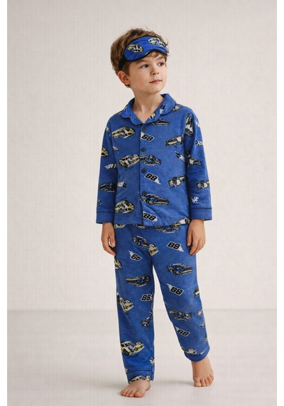 Beka Kids Desenli Uzun Kollu Önden Düğmeli Gömlek Yaka Erkek Çocuk Pijama Takımı Ve Göz Bandı Mavi