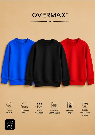 Overmax 3 Lü Çocuk Kapüşonsuz Sweatshirt Seti 3-12 Yaş Saks Mavi-siyah-kırmızı - 920220367 Saks Mavi-siyah-kırmızı