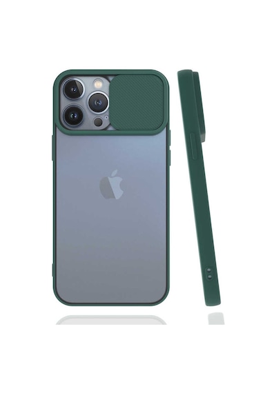 Kilifone - Apple Uyumlu iPhone 13 Pro Max - Kılıf Slayt Sürgülü Arkası Buzlu Lensi Kapak - Koyu Yeşil
