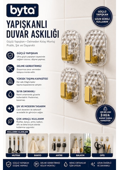 4'lü Şeffaf Yapışkanlı Altın Duvar Askılığı Delmeden Montaj Güçlü Yapışkanlı Çok Amaçlı Kanca Banyo, Mutfak Ve Antre İçin Altın