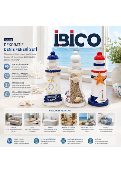 İbico İ12-242 Ahşap Deniz Feneri Maketi - Masaüstü Dekoratif Küçük Boy 15 Cm- 6'li Paket Diğer
