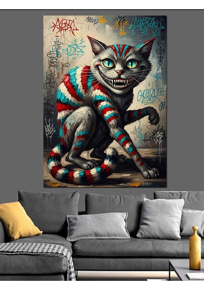 Ahşap Tablo Çizgili Renkli Kedi Pop Art Dekoratif Tablolar