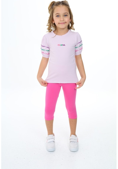 Toontoy Kids Toontoy Kız Çocuk 2'li Takım Baskılı Bisiklet Yaka Prenses Kol T-shirt & Beli Lastikli Crop Tayt Açık Lila
