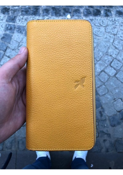 Karalı Deri Unisex Hakiki Deri Telefon Bölmeli Cüzdan Sarı