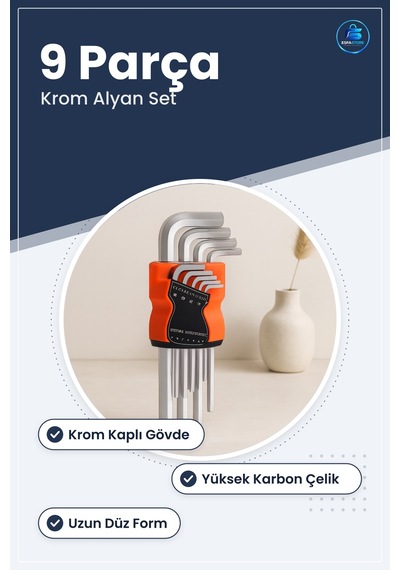 Alyan Anahtar Seti 9 Parça Krom Uzun Düz Yüksek Karbon Çelik Mont