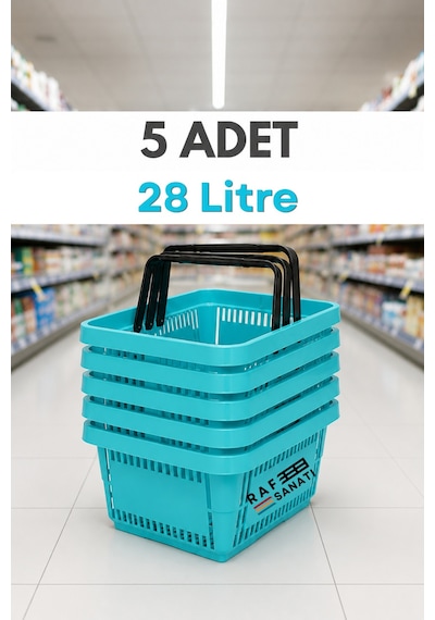 5 Adet - 28 Litre Plastik Market Alışveriş Sepeti Saplı Dayanıklı Market Mağaza El Sepeti Turkuaz
