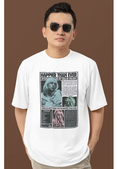 Sevbano Happier Than Ever Billie Eilish Baskılı Unisex Oversize Şarkıcı T Beyaz