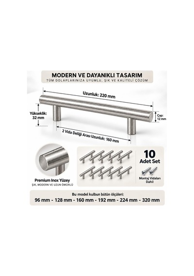 Paslanmaz Metal Kulp, Inox Dolap Çekmece Mobilya Kulbu, Tv Ünitesi Yatak Odası Vestiyer Mutfak İçin 160 Mm, Adet, 10 Belirtilmemis