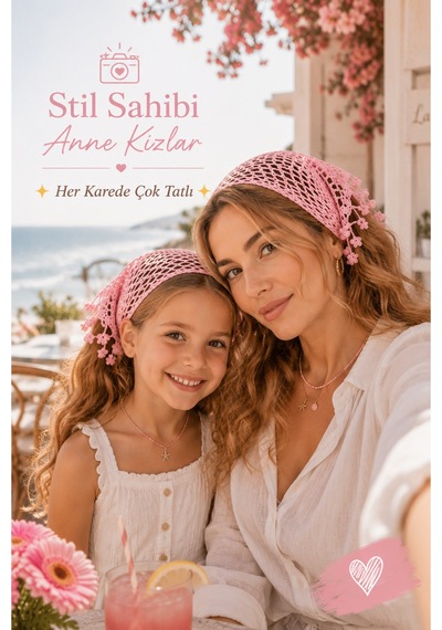 Anne Kız Kombin Bandana El Örgüsü Saç Bandı Bohem Stil Ayarlanabilir 2li Set Pembe321