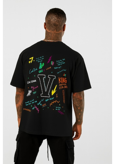 V Baskılı Oversize Siyah T-shirt SIYAH