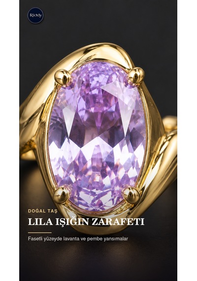 Riody Aube Violette Gold Kaplama Doğal Lila Kedi Gözü Taşlı Açık Form Kadın Yüzük Altın Sarısı