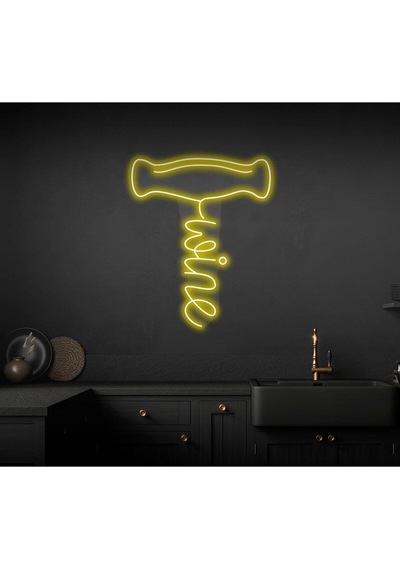 Wine Yazılı Ve Şekilli Neon Tabela Sarı