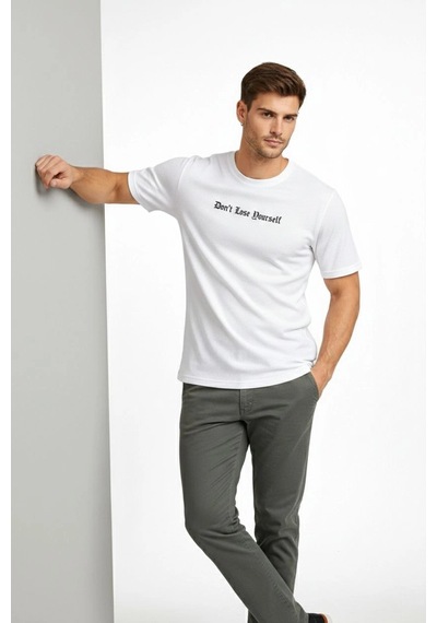 Barlashive Erkek Wafıl Kumaş Tişört Regular Kalıp Bisiklet Yaka Baskılı T-shirt - Beyaz Çok Renkli