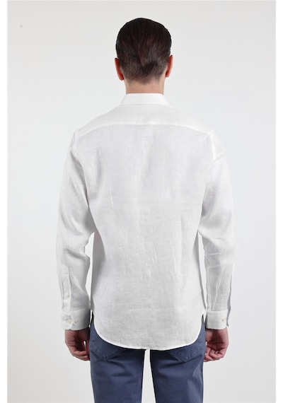 İmza Beyaz Keten Düğmeli Yaka Uzun Kol Cepsiz Slim Fit Keten Gömlek 1004260161 M